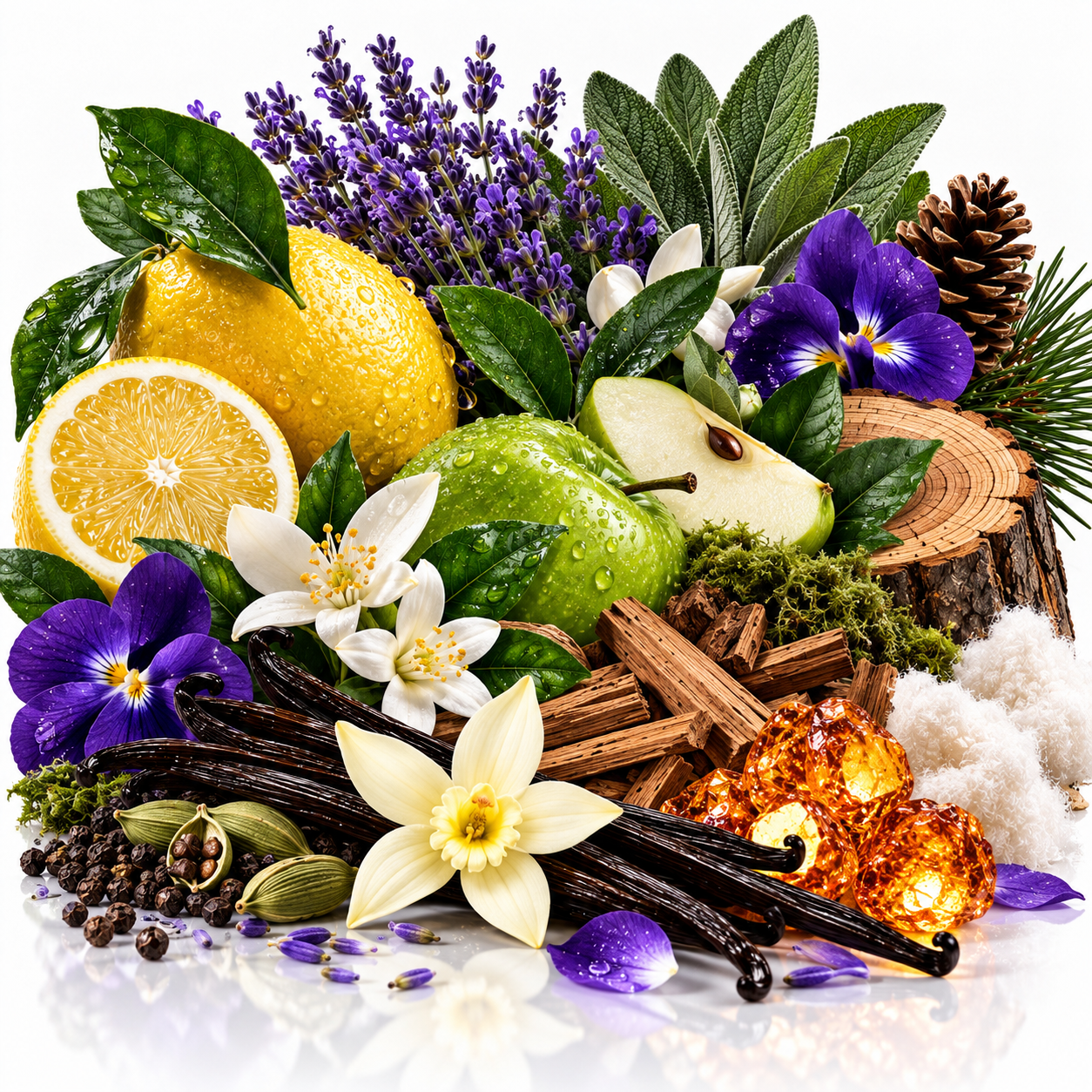 A styled botanical still life featuring purple lavender, yellow lemons, a green apple, white flowers, vanilla beans, pinecones, cinnamon sticks, green beans, peppercorns, and glowing amber orbs on a white reflective surface.