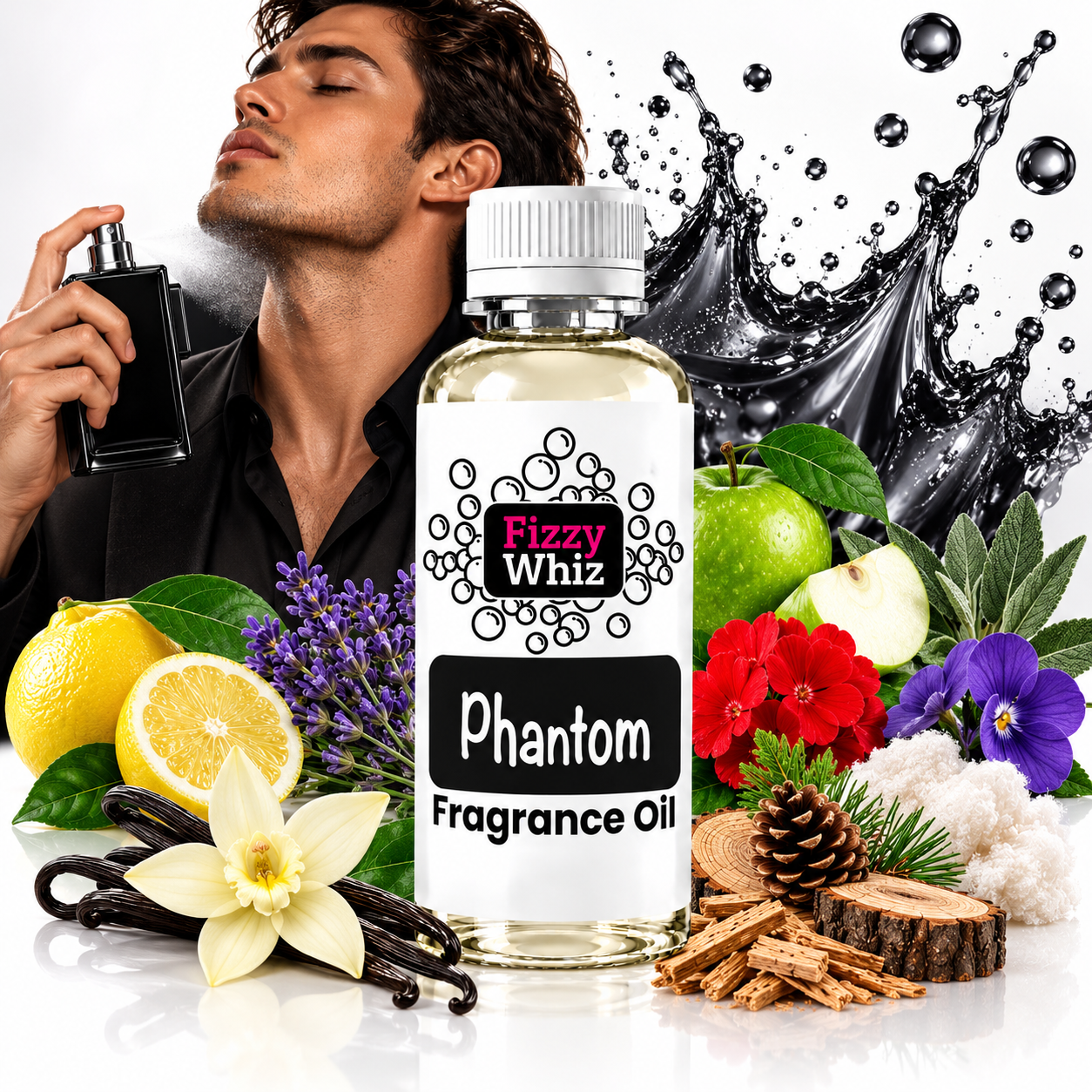A bottle of Fizzy Whiz Phantom Fragrance Oil is centered in a styled product composition. The bottle is surrounded by scent ingredients including lemons, vanilla flowers, lavender, red and purple flowers, pinecones, cinnamon sticks, and green leaves.