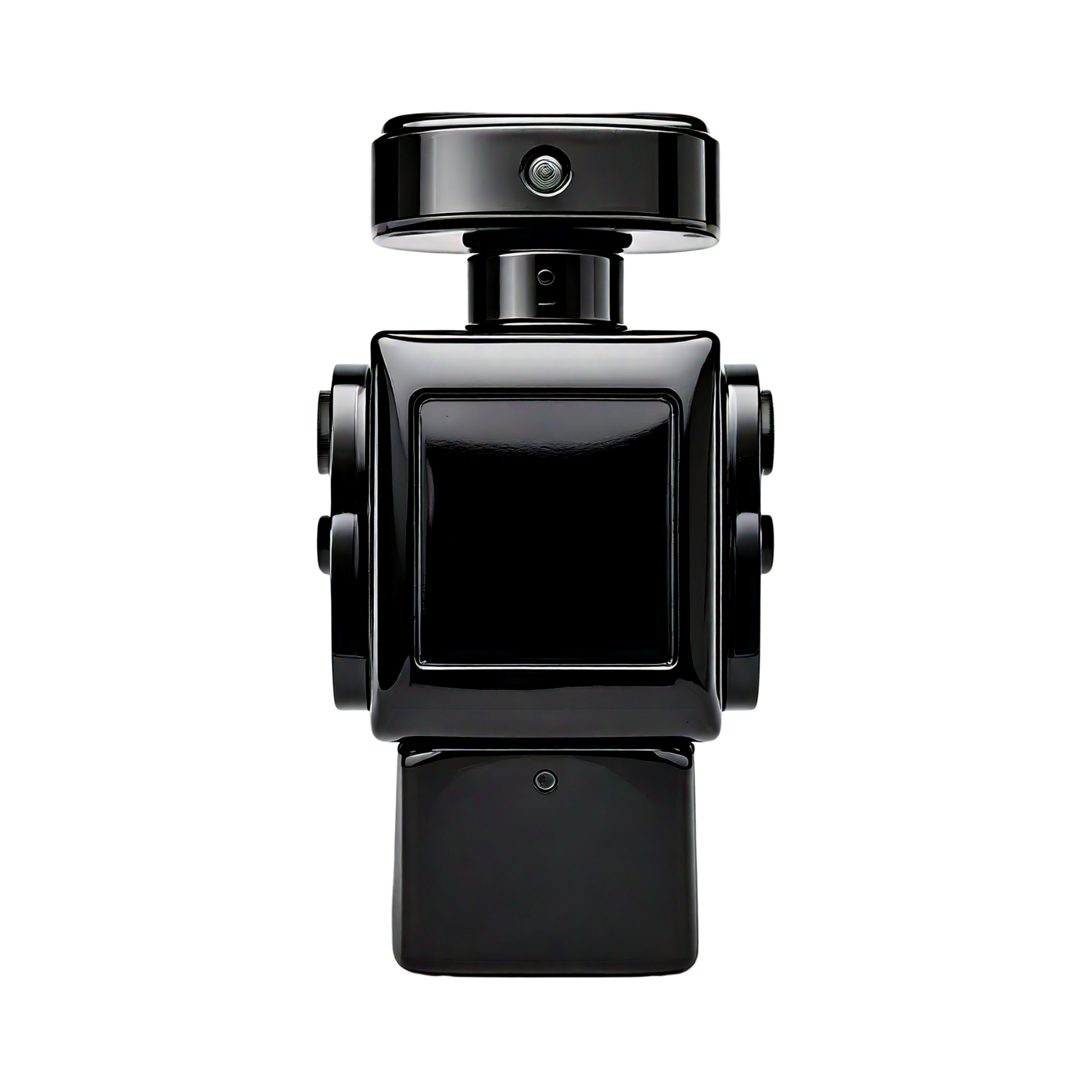 Glossy black square perfume-style bottle with a wide rectangular cap and sculpted side details, displayed upright on a plain light background.