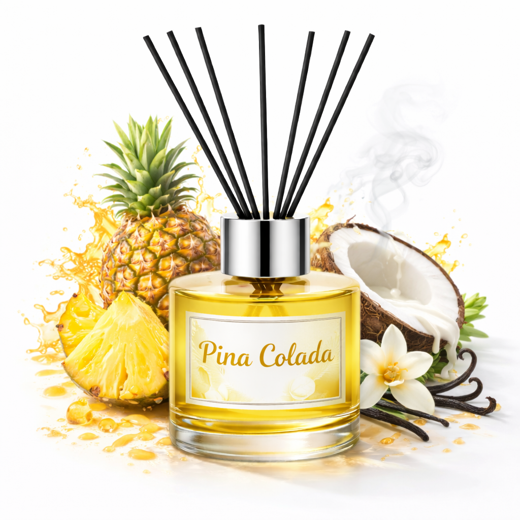 Reed diffuser labeled 'Pina Colada' with pineapple, coconut, and vanilla elements on a white background