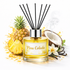 Reed diffuser labeled 'Pina Colada' with pineapple, coconut, and vanilla elements on a white background