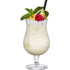 A glass of pina colada fragrance oil garnished with a pineapple slice and a cherry
