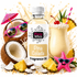 A bottle of Fizzy Whiz Pina Colada fragrance oil centered on a white splash background, surrounded by tropical props including a coconut drink, pineapple slices, a pink starfish, sunglasses, and a cocktail glass.