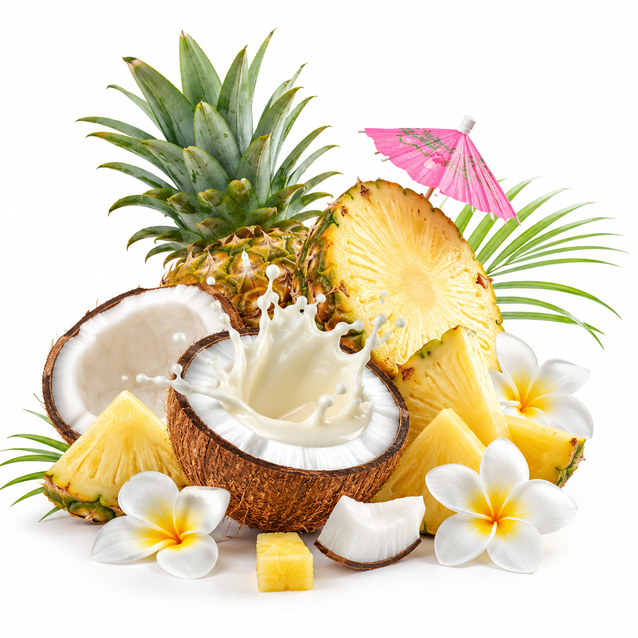A tropical fruit and coconut arrangement on a white background, including whole and sliced pineapples, halved coconuts with milk splashing from one, pineapple wedges, white plumeria flowers, and a small pink paper umbrella.