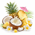 A tropical fruit and coconut arrangement on a white background, including whole and sliced pineapples, halved coconuts with milk splashing from one, pineapple wedges, white plumeria flowers, and a small pink paper umbrella.