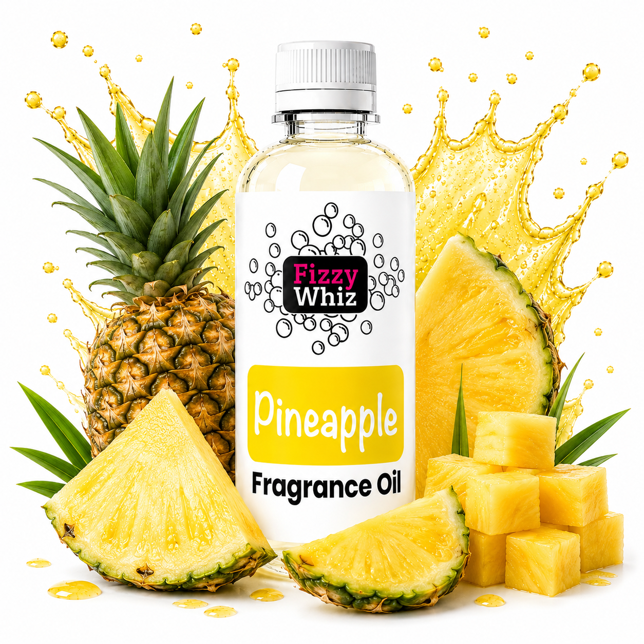A bottle of Fizzy Whiz Pineapple Fragrance Oil centered on a white background, surrounded by fresh pineapple slices, cubes, and a whole pineapple with a yellow liquid splash behind it.