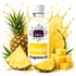 A bottle of Fizzy Whiz Pineapple Fragrance Oil centered on a white background, surrounded by fresh pineapple slices, cubes, and a whole pineapple with a yellow liquid splash behind it.
