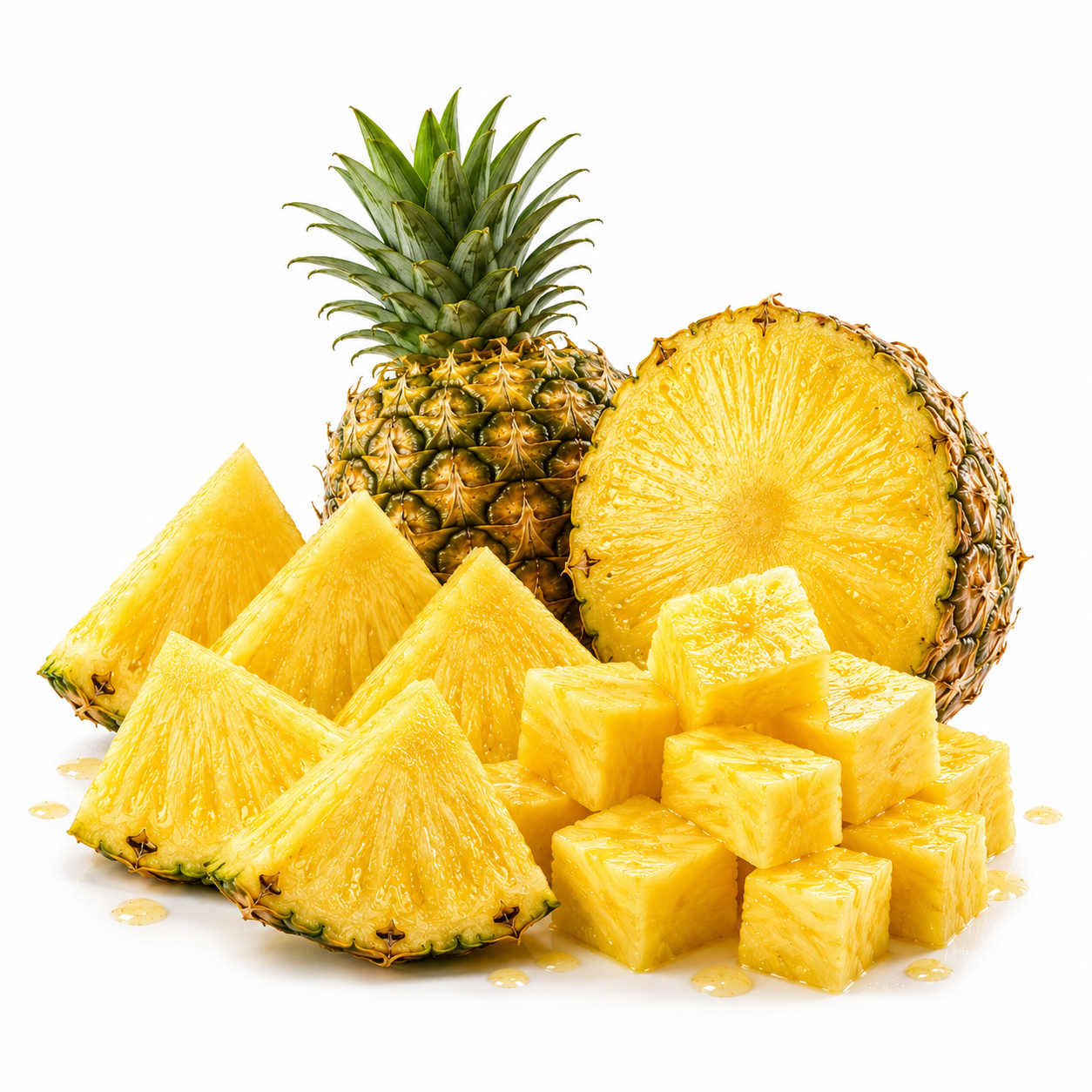 Fresh pineapple shown whole, sliced, and cubed on a clean white background, with visible yellow flesh, green leafy tops, and a few drops of juice.