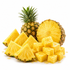 Fresh pineapple shown whole, sliced, and cubed on a clean white background, with visible yellow flesh, green leafy tops, and a few drops of juice.