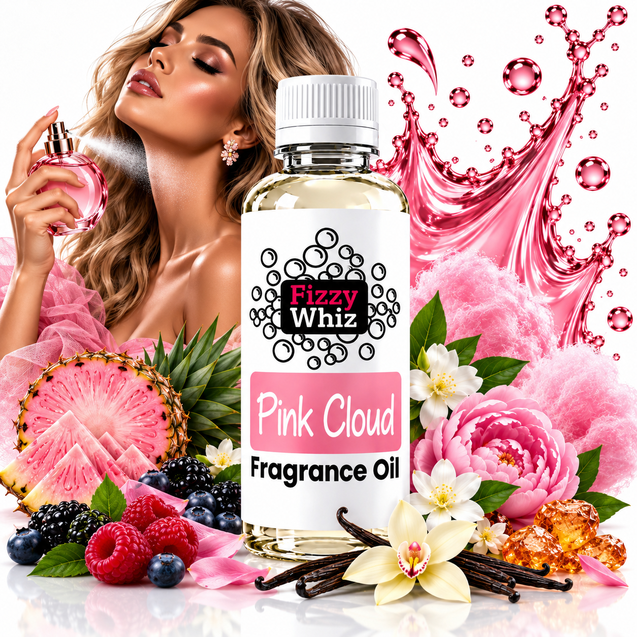 A bottle of Fizzy Whiz Pink Cloud Fragrance Oil centered in a promotional composition, surrounded by pink flowers, fruit slices, berries, vanilla beans, and a woman holding a perfume bottle in the background. The bottle label reads 'Pink Cloud Fragrance Oil' and the brand 'Fizzy Whiz' is clearly visible.