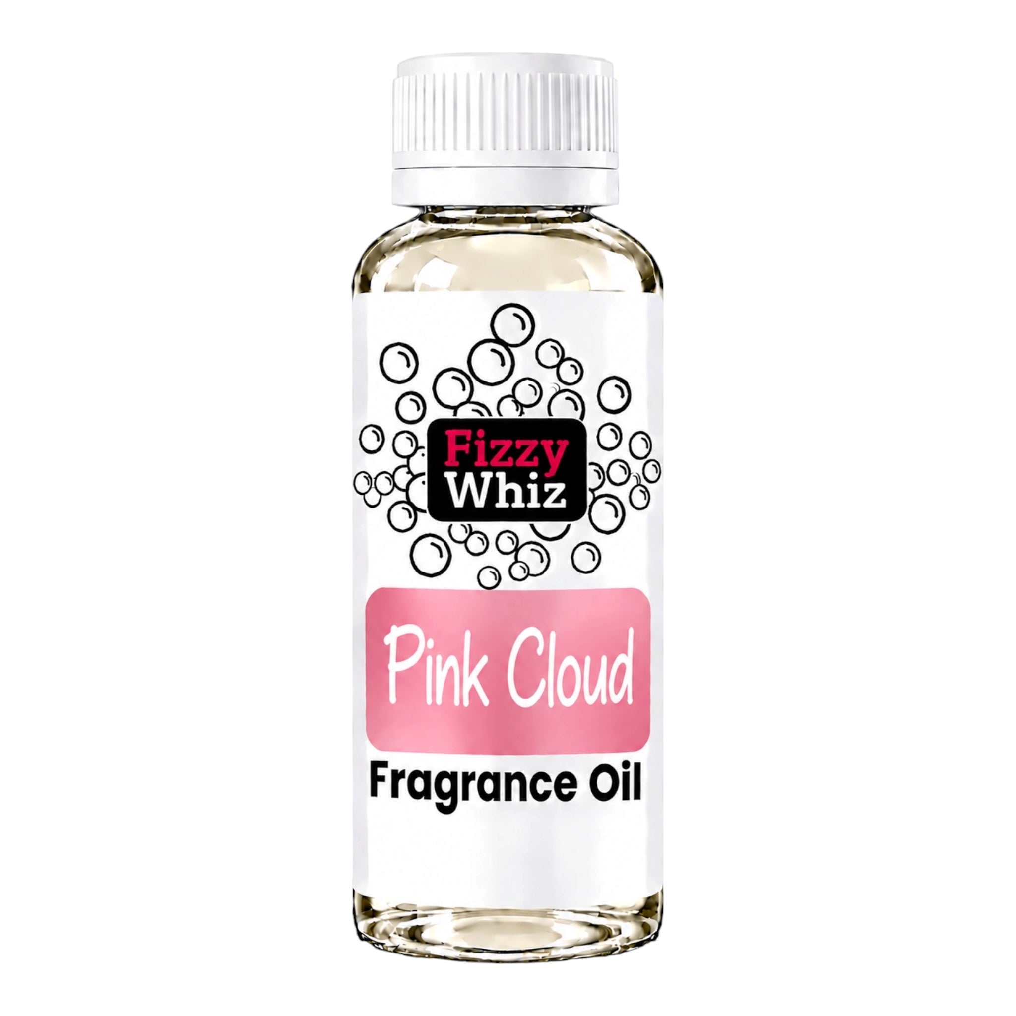 A bottle of Fizzy Whiz Pink Cloud Fragrance Oil, featuring a white cap, clear glass bottle showing the pale yellow oil inside, and a white label with pink and black graphics.