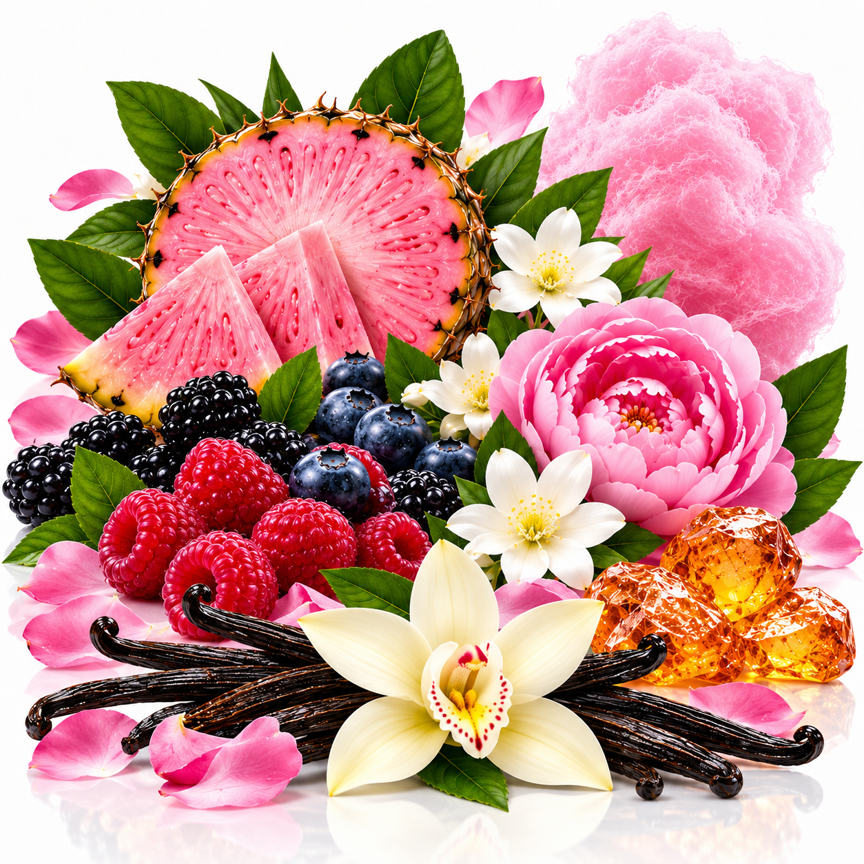 A vibrant fruit and floral arrangement on a white background, featuring sliced pink watermelon, whole and blackberries, raspberries, blueberries, vanilla beans, pink peony-like flowers, white orchids, pink petals, and amber-colored gummy candies.