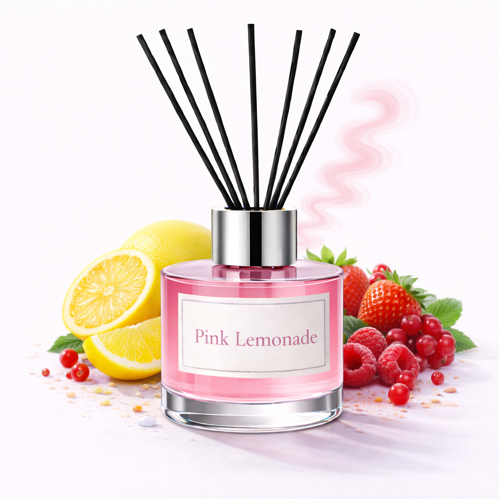 Pink Lemonade diffuser with lemons, strawberries, and raspberries on a white background