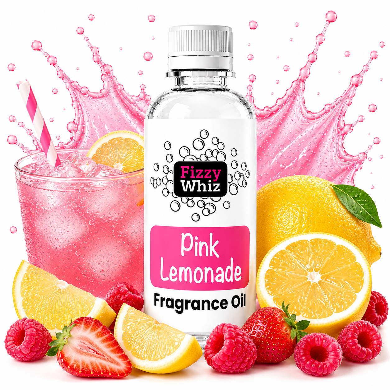 A bottle of Fizzy Whiz Pink Lemonade fragrance oil centered on a white background, surrounded by pink splash graphics, lemons, raspberries, strawberries, and a pink drink with a striped straw.