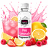 A bottle of Fizzy Whiz Pink Lemonade fragrance oil centered on a white background, surrounded by pink splash graphics, lemons, raspberries, strawberries, and a pink drink with a striped straw.