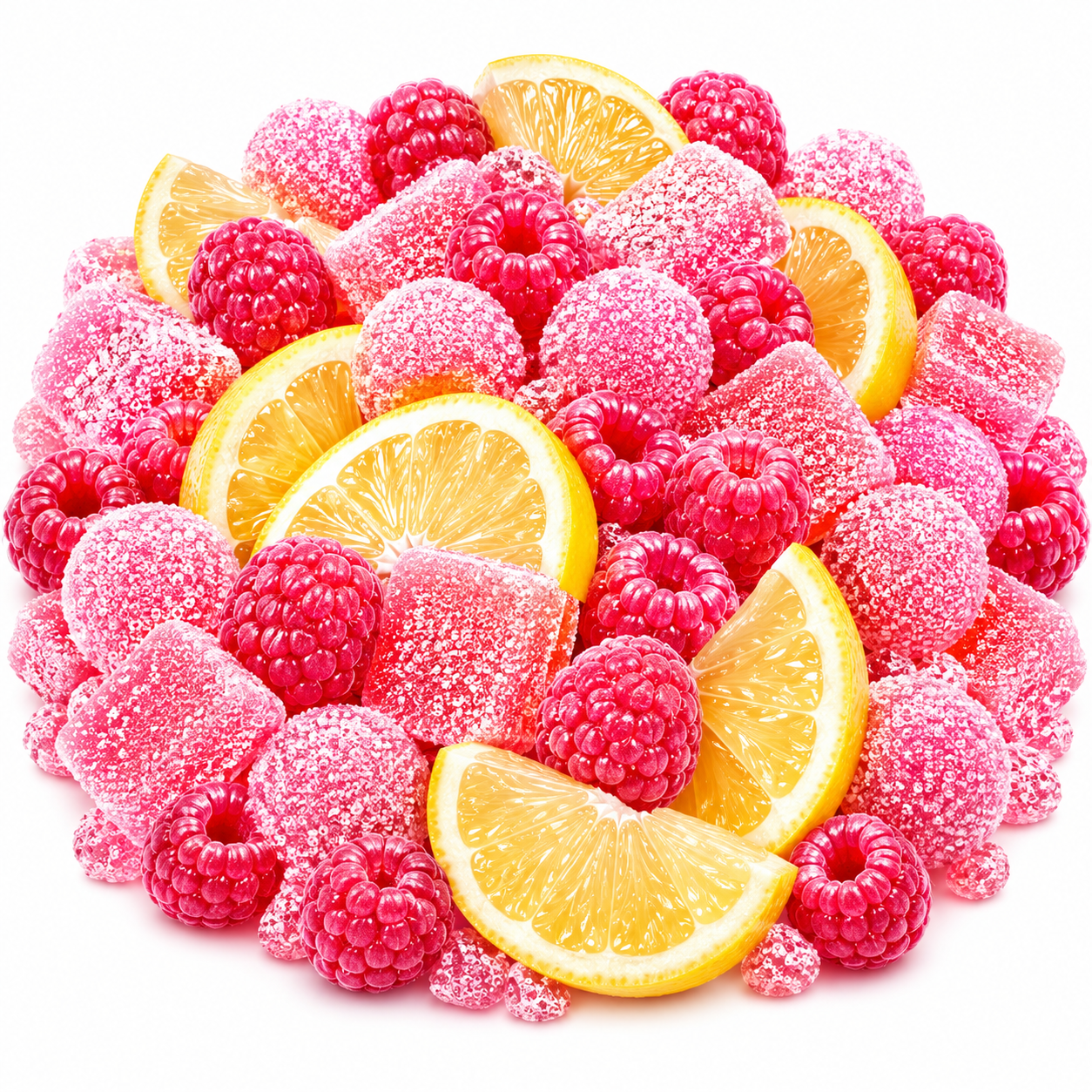 A pile of sugar-dusted raspberries and orange slice wedges arranged in a circular cluster on a white background.