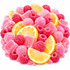 A pile of sugar-dusted raspberries and orange slice wedges arranged in a circular cluster on a white background.