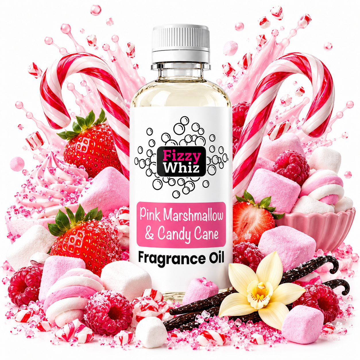 A bottle of Fizzy Whiz Pink Marshmallow & Candy Cane Fragrance Oil surrounded by pink marshmallows, strawberries, candy canes, raspberries, vanilla beans, and a white flower on a white background.