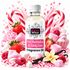 A bottle of Fizzy Whiz Pink Marshmallow & Candy Cane Fragrance Oil surrounded by pink marshmallows, strawberries, candy canes, raspberries, vanilla beans, and a white flower on a white background.