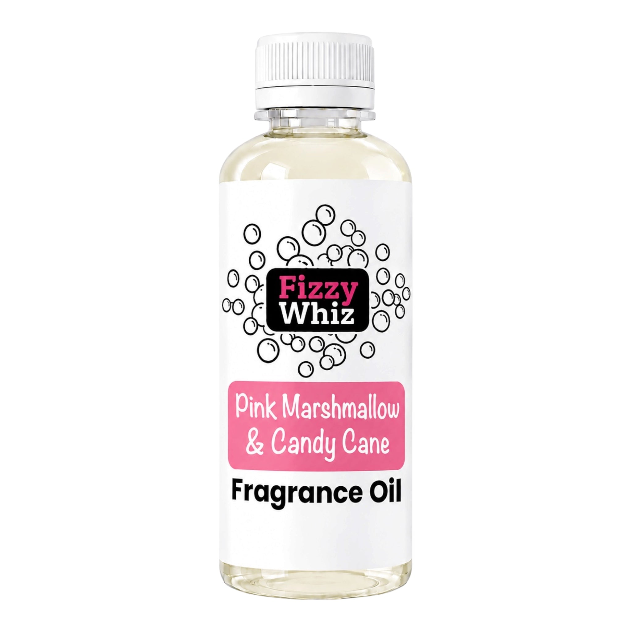 A bottle of Fizzy Whiz Pink Marshmallow & Candy Cane Fragrance Oil on a solid white background.