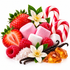 A styled arrangement of edible ingredients and candy on a white background: whole and sliced strawberries, raspberries, pink and white marshmallows, two red-and-white striped candy canes, vanilla beans, white flower blossoms, coarse white crystals, and two amber gemstones.