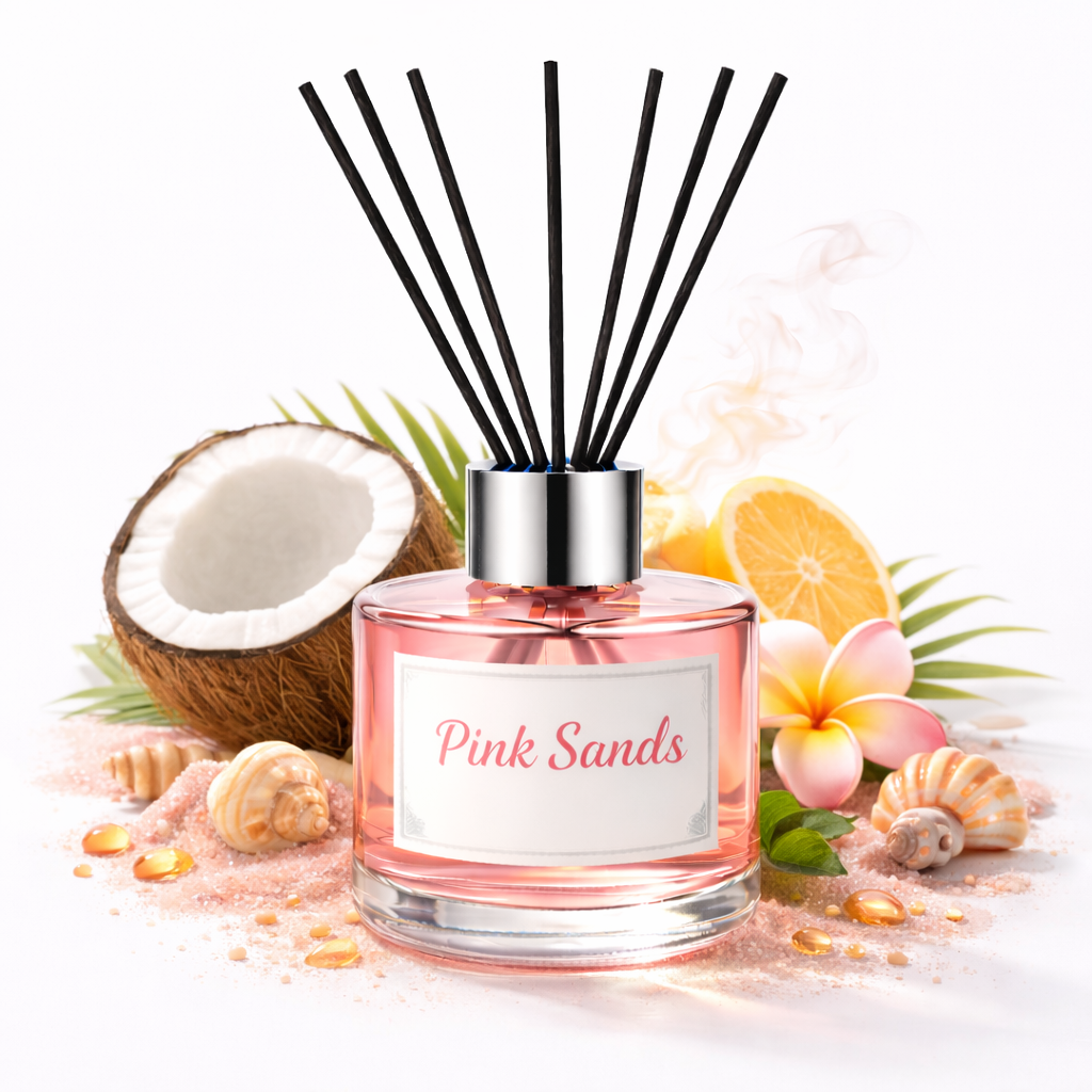 Reed diffuser labeled 'Pink Sands' with coconut, lemon, and flowers on a white background