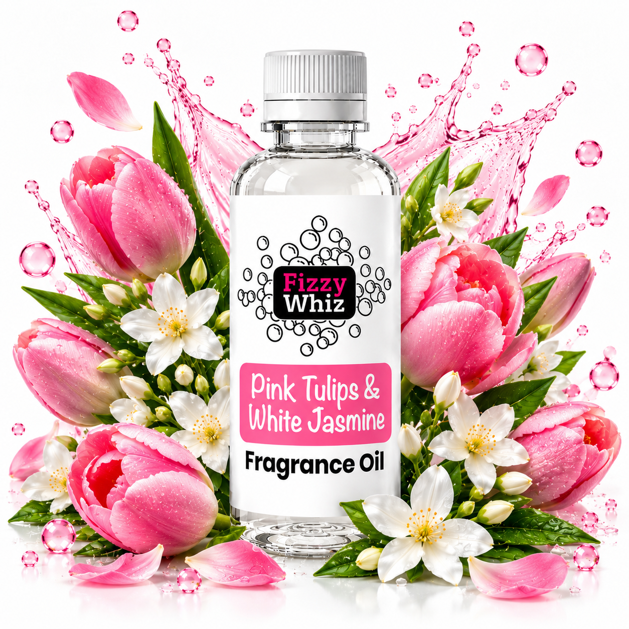 A bottle of Fizzy Whiz Pink Tulips & White Jasmine fragrance oil centered against a white background, surrounded by pink tulips, white jasmine flowers, green leaves, and pink liquid splash graphics.
