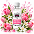 A bottle of Fizzy Whiz Pink Tulips & White Jasmine fragrance oil centered against a white background, surrounded by pink tulips, white jasmine flowers, green leaves, and pink liquid splash graphics.