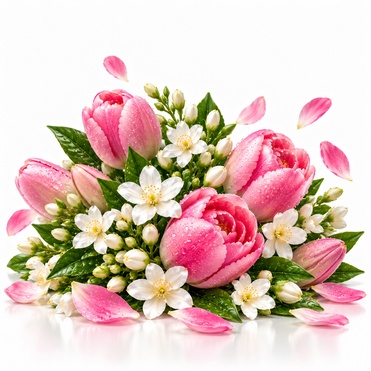 A vibrant floral arrangement featuring pink peony-like blossoms, white blossoms with yellow centers, and green leaves, accented by scattered pink petals on a clean white background.