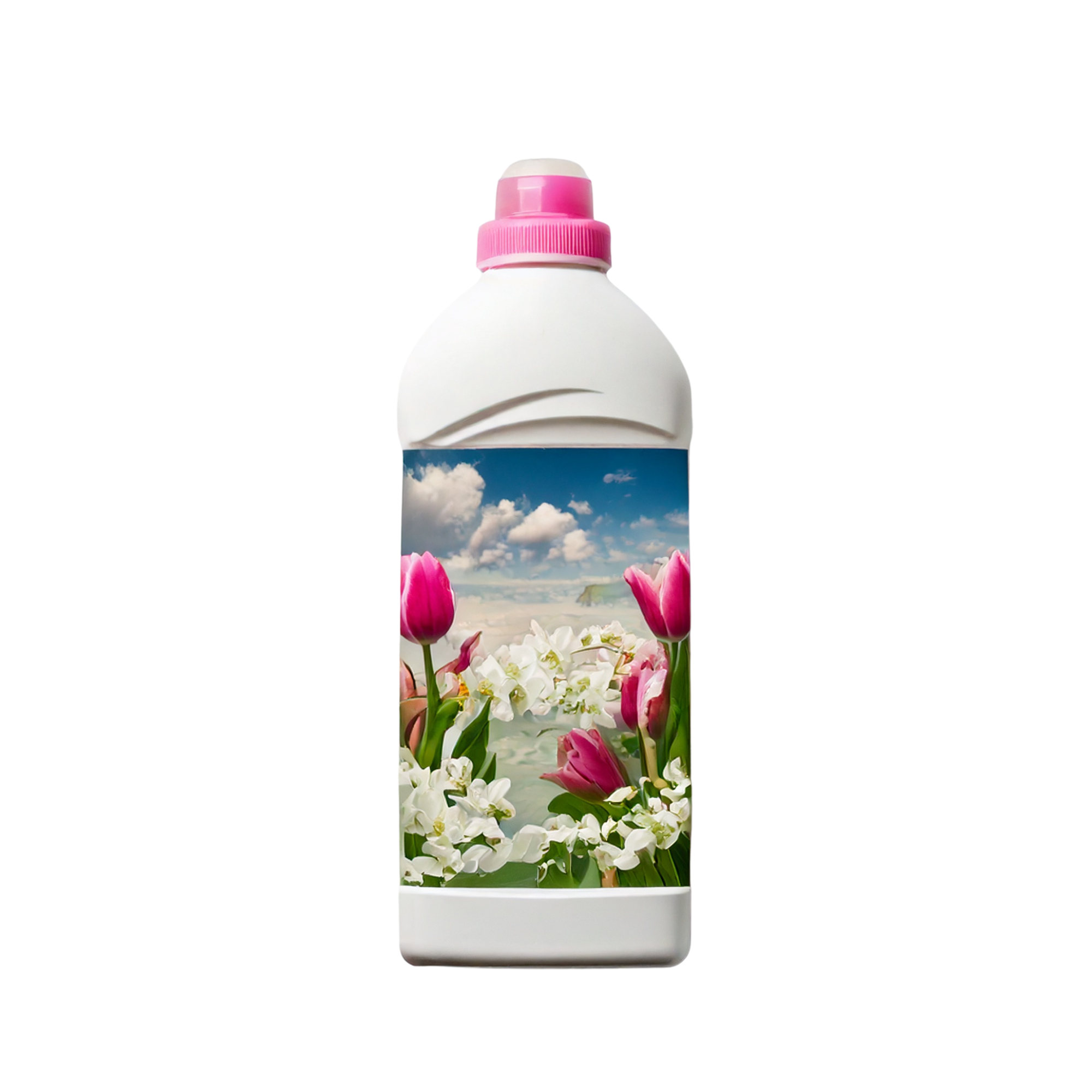 White plastic bottle with a pink screw cap and floral label featuring pink tulips and white flowers, shown upright on a light background.
