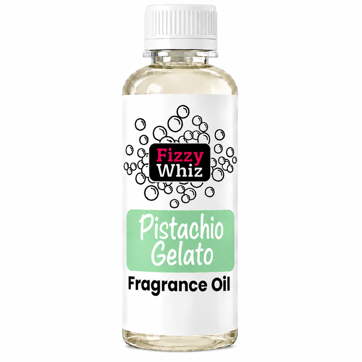 A bottle of Fizzy Whiz Pistachio Gelato Fragrance Oil, featuring a white cap, clear bottle showing the oil inside, and a white label with a green and black design.