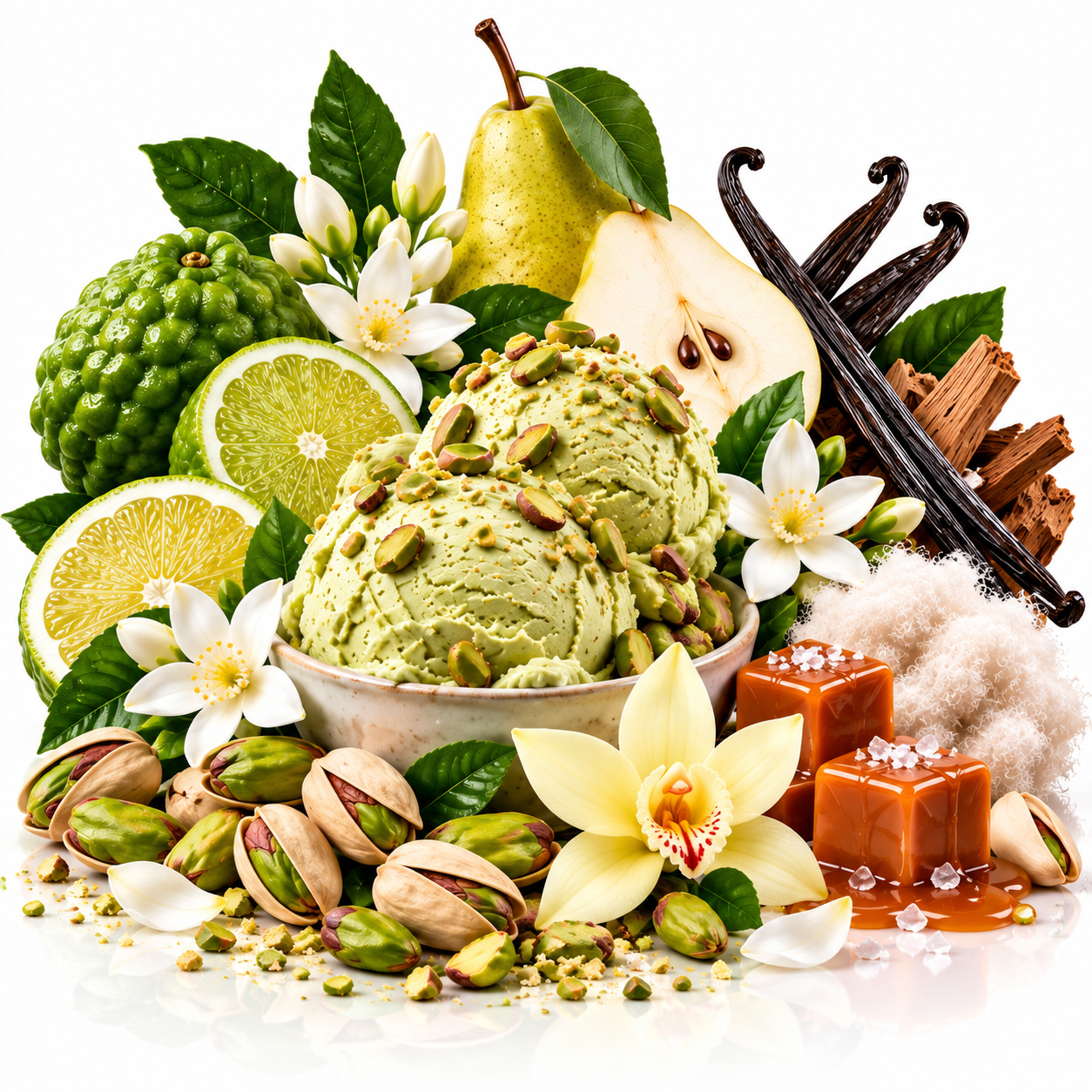 A styled food product shot featuring green pistachio ice cream scoops in a bowl, surrounded by green pistachios, white flowers, lime slices, a pear, vanilla beans, cinnamon sticks, and caramel cubes on a white background.