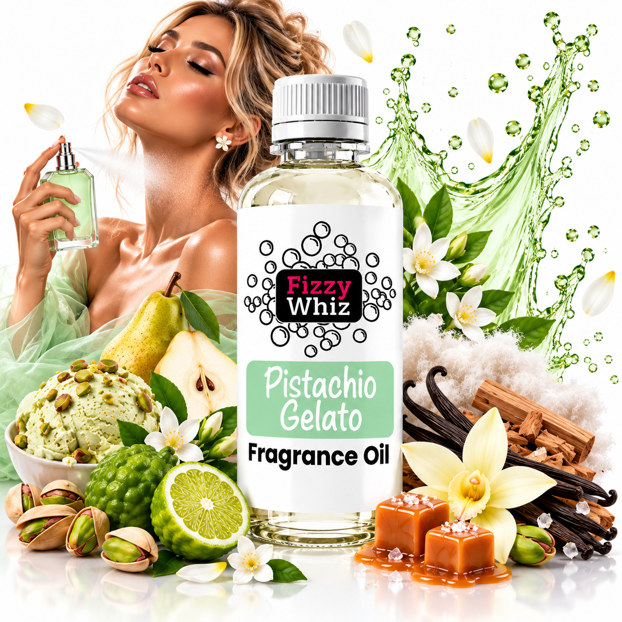 A bottle of Fizzy Whiz Pistachio Gelato Fragrance Oil is centered against a white background, surrounded by illustrative graphics of pistachios, limes, ice cream, vanilla, and a woman spraying a perfume. The bottle has a white label with green and black text.