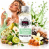 A bottle of Fizzy Whiz Pistachio Gelato Fragrance Oil is centered against a white background, surrounded by illustrative graphics of pistachios, limes, ice cream, vanilla, and a woman spraying a perfume. The bottle has a white label with green and black text.