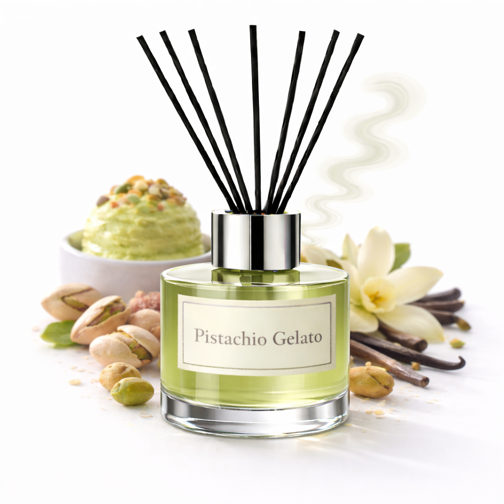 Pistachio Gelato diffuser with pistachios, flowers, and vanilla beans on a white background