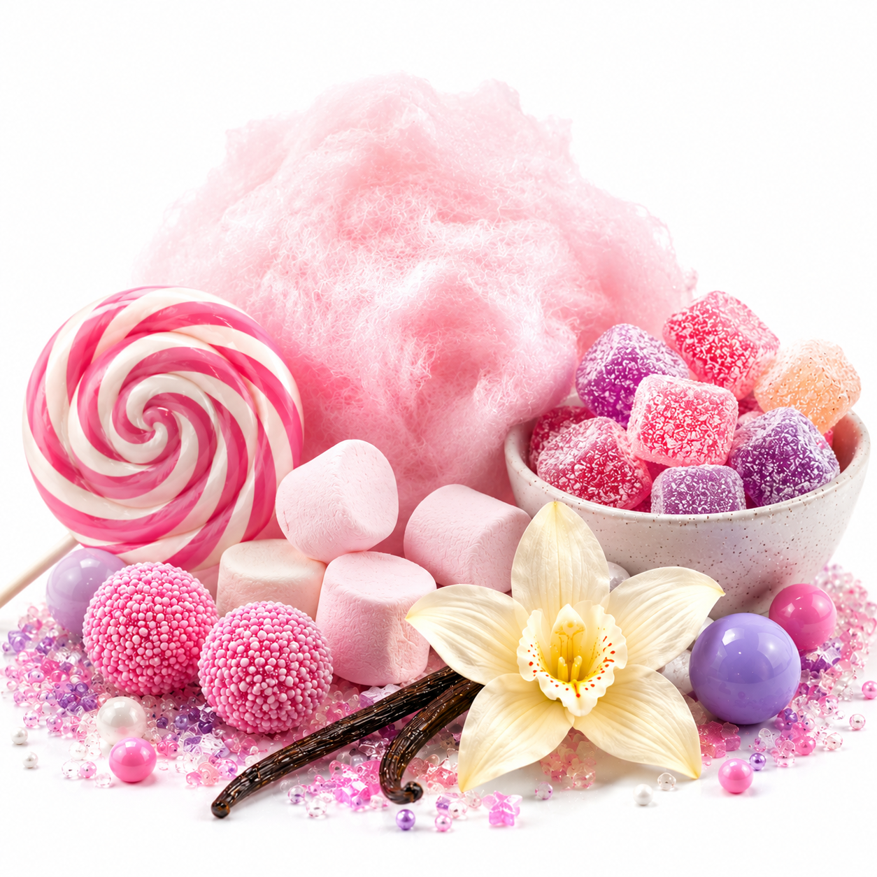 A styled arrangement of pink and white candy and sweets on a white background, including a large pink-and-white swirl lollipop, cotton candy, pink marshmallows, sugar-coated candy cubes in a bowl, purple beads, vanilla beans, pink sprinkles, and a pale yellow flower.