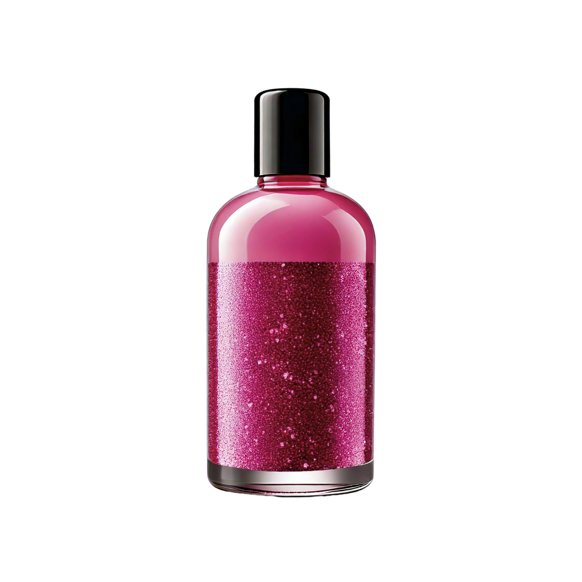 Clear cylindrical bottle filled with pink glitter liquid, topped with a black screw cap, displayed upright on a light background.