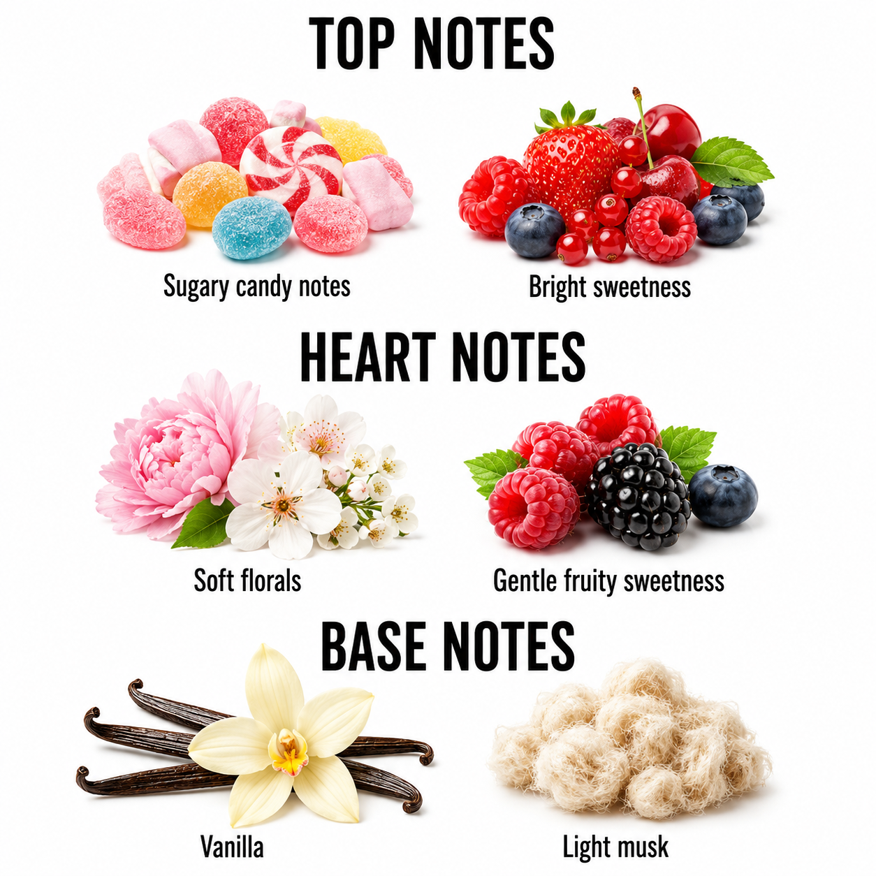 A fragrance notes chart on a white background with three labeled sections: Top Notes, Heart Notes, and Base Notes. Top Notes include sugary candy notes (candy pieces) and bright sweetness (strawberries, cherries, blueberries).