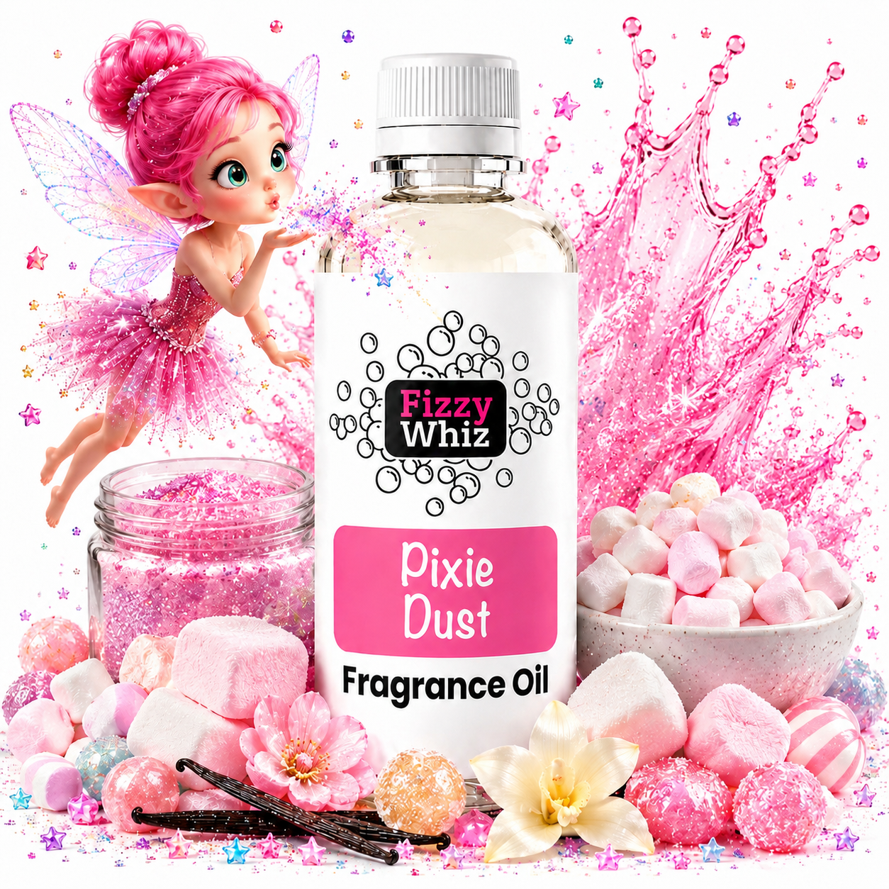 A bottle of Pixie Dust Fragrance Oil by Fizzy Whiz, surrounded by pink marshmallows, a jar of pink glitter, vanilla beans, flowers, and a whimsical fairy illustration on a white background with pink sparkles.