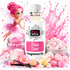 A bottle of Pixie Dust Fragrance Oil by Fizzy Whiz, surrounded by pink marshmallows, a jar of pink glitter, vanilla beans, flowers, and a whimsical fairy illustration on a white background with pink sparkles.