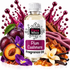 A bottle of Fizzy Whiz Plum Cashmere fragrance oil centered against a dramatic magenta liquid splash background, surrounded by plums, purple flowers, vanilla beans, cinnamon, and amber crystals on a white surface.