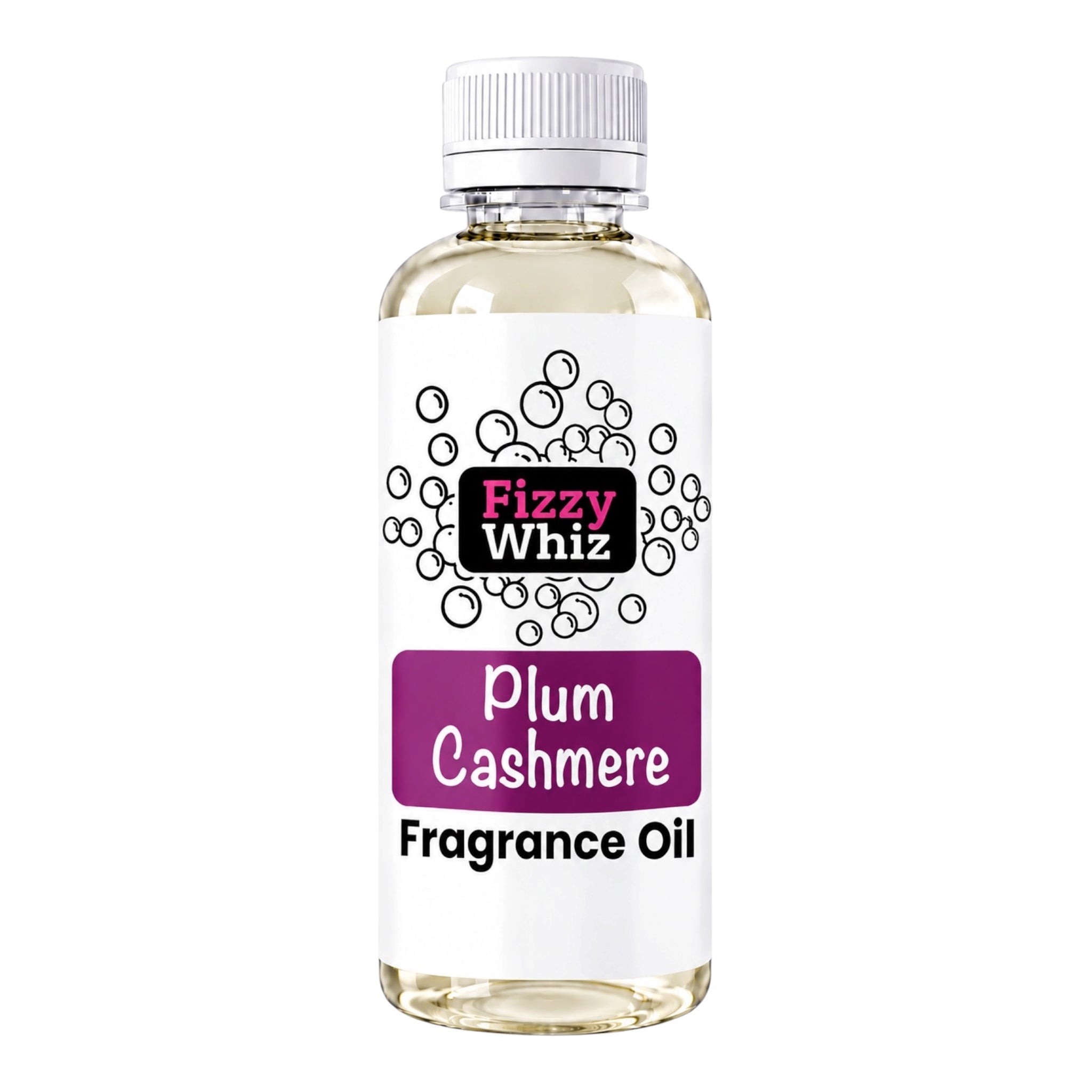 A bottle of Fizzy Whiz Plum Cashmere Fragrance Oil, featuring a white label with purple and black text, filled with a pale yellow liquid and topped with a white cap, set against a plain white background.
