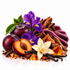 A styled botanical product arrangement on a white background featuring dark purple plums, a halved plum, purple irises, a white orchid flower, vanilla beans, amber honeycomb pieces, and textured brown bark or wax-like chunks.