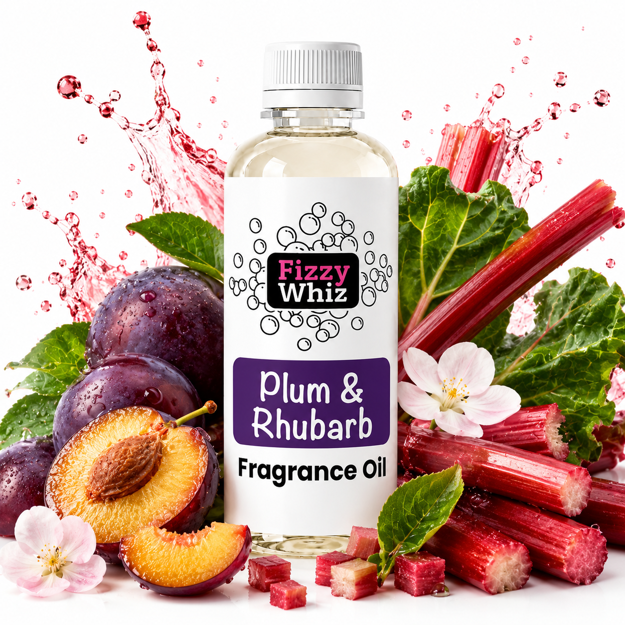 A bottle of Fizzy Whiz Plum & Rhubarb Fragrance Oil centered against a white background, surrounded by fresh plums, rhubarb stalks, green leaves, and pink blossoms with a splash of red liquid behind it.
