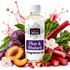 A bottle of Fizzy Whiz Plum & Rhubarb Fragrance Oil centered against a white background, surrounded by fresh plums, rhubarb stalks, green leaves, and pink blossoms with a splash of red liquid behind it.