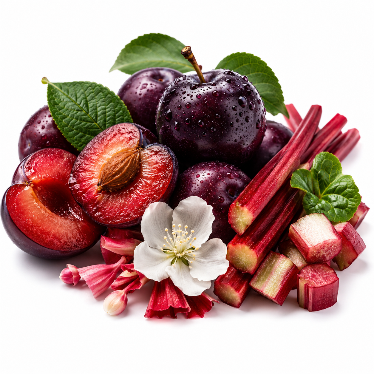 A styled fruit arrangement on a white background featuring dark purple plums, sliced red plums, pinkish-red rhubarb stalks, green leaves, a white blossom, and small pink buds.