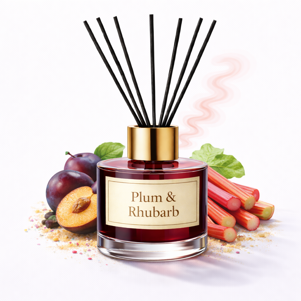 Reed diffuser labeled 'Plum & Rhubarb' with plums and rhubarb on a white background