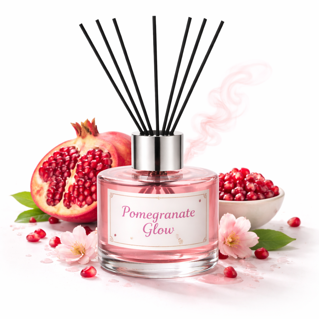 Reed diffuser labeled 'Pomegranate Glow' with pomegranate fruits and flowers on a white background