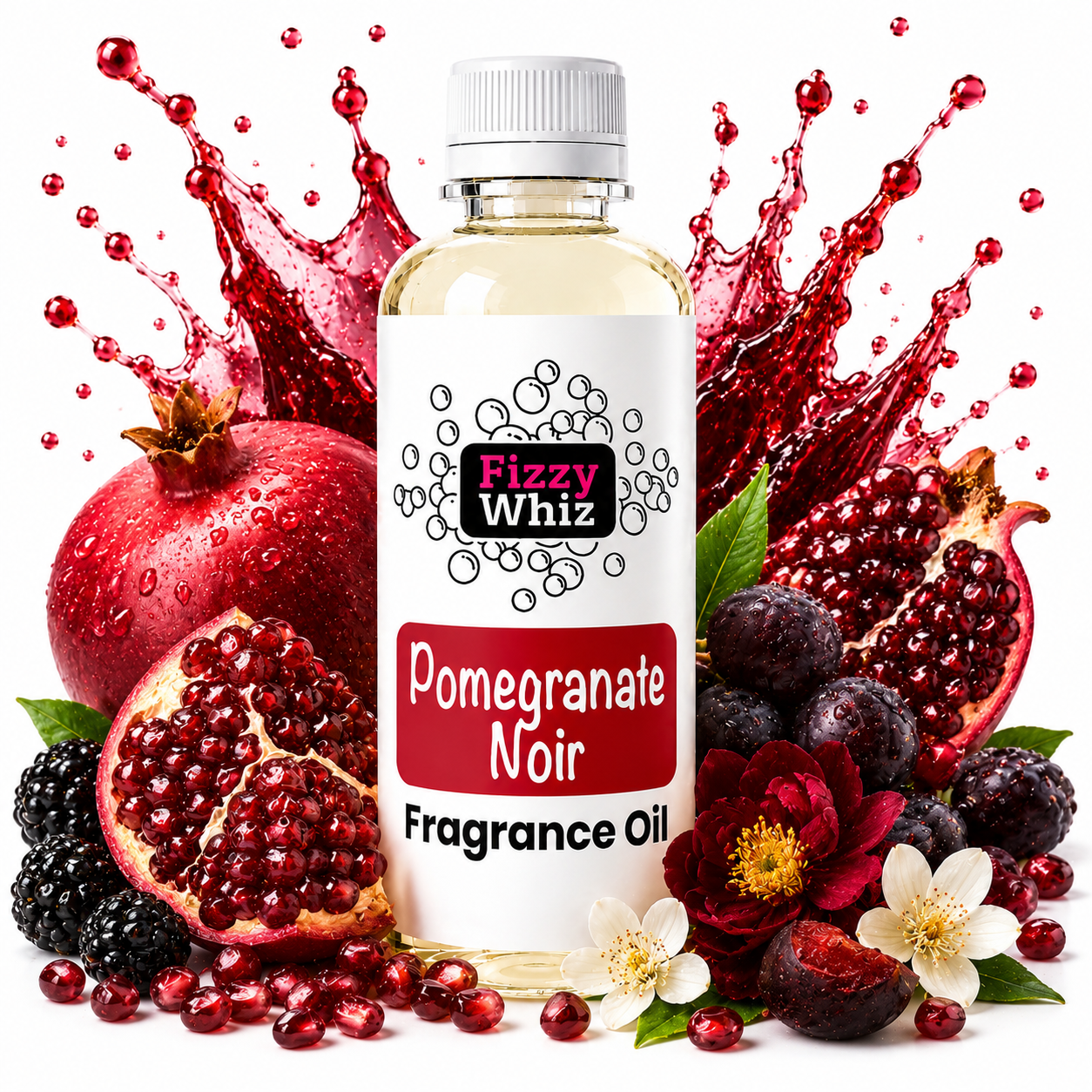 A bottle of Fizzy Whiz Pomegranate Noir Fragrance Oil centered against a white background, surrounded by fresh pomegranates, blackberries, flowers, and a dramatic red liquid splash. The bottle has a white cap and a white label with red and black text.