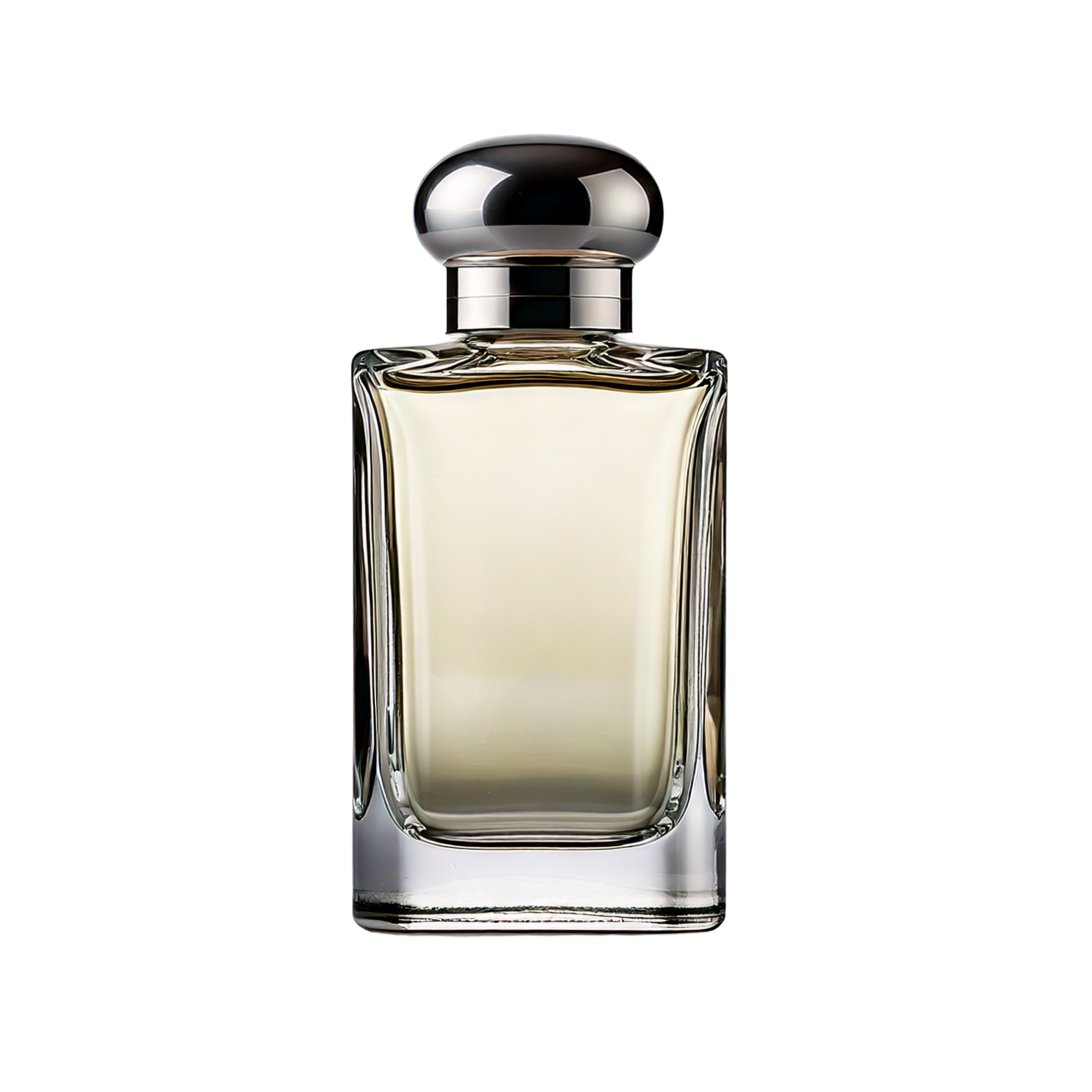 Clear rectangular glass perfume bottle with rounded shoulders and a dark dome-shaped cap, displayed on a light background.